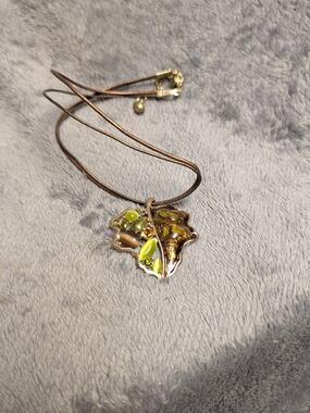 Leaf Pendant Necklace in Green and Gold on Brown Cord